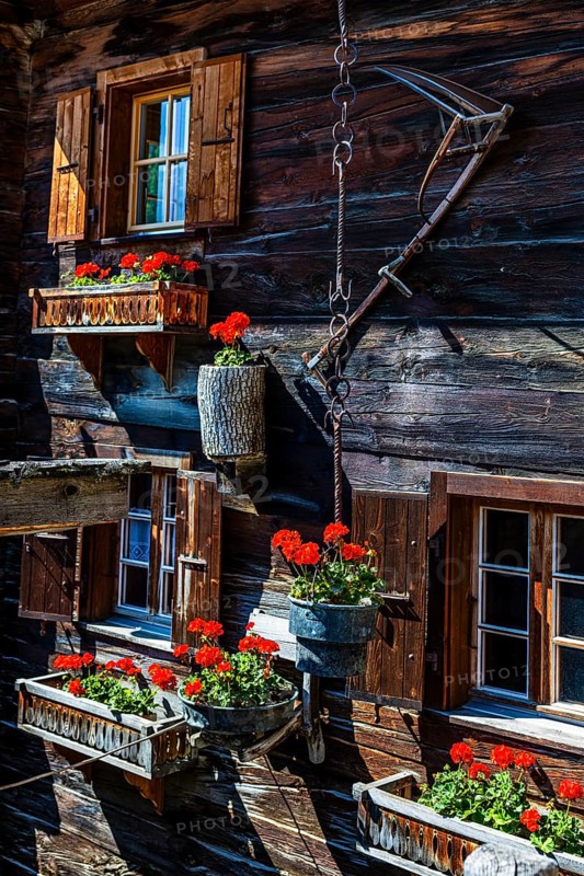 Old wooden house in log construction, decorated with flowers, historic village centre, Grimentz, Val d'Anniviers, Valais Alps, Canton Valais, Switzerland
