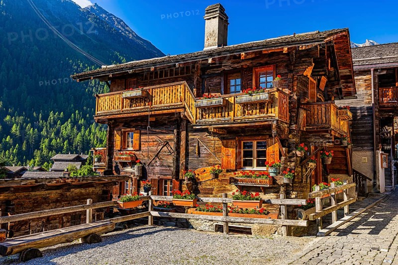 Old wooden house in log construction, decorated with flowers, historic village centre, Grimentz, Val d'Anniviers, Valais Alps, Canton Valais, Switzerland