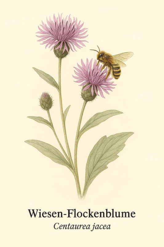 Botanical illustration of a furrow bee (Halictus scabiosae) on the native meadow knapweed (Centaurea jacea) . Illustration in classic vintage style with typical botanical labelling of the species, AI generated