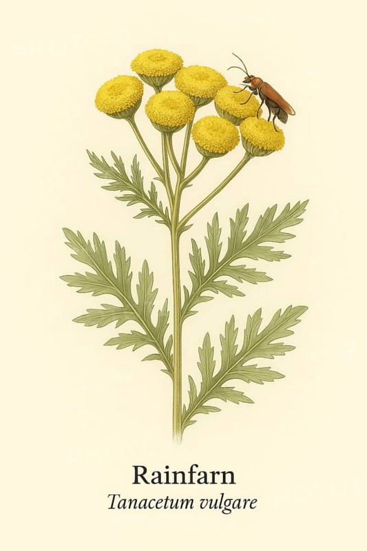 Botanical illustration of a soldier beetle (Rhagonycha fulva) on the native tansy (Tanacetum vulgare) . Illustration in classic vintage style with typical botanical labelling of the species, AI generated