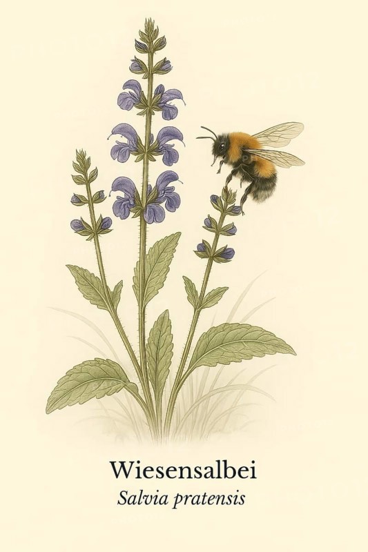 Botanical illustration of a field bumblebee (Bombus pascuorum) on the native meadow sage (Salvia pratensis) . Illustration in classic vintage style with typical botanical labelling of the species, AI generated