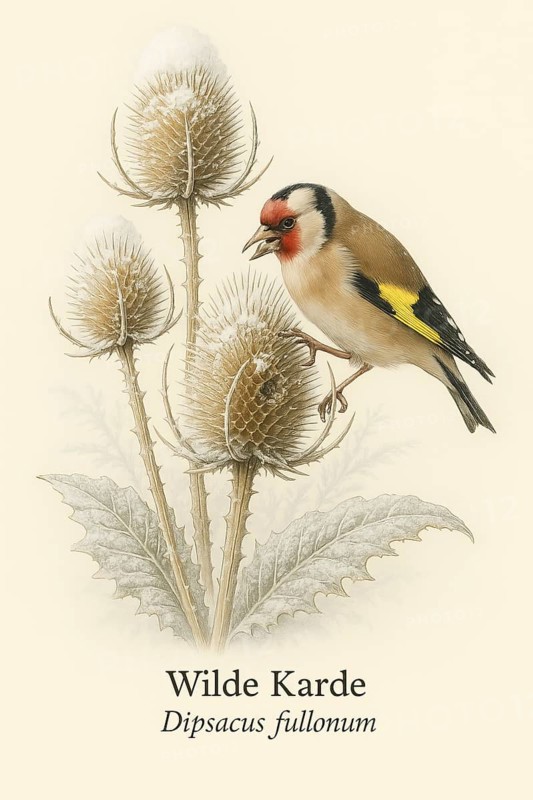 Botanical illustration of a goldfinch (Carduelis carduelis) on the native Wild teasel (Dipsacus fullonum) . Illustration in classic vintage style with typical botanical labelling of the species, AI generated