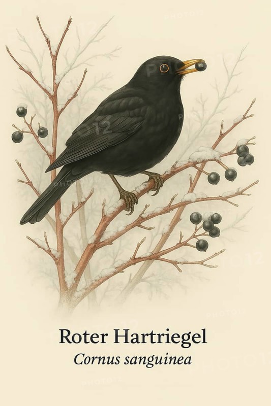 Botanical illustration of a male blackbird (Turdus merula) on the native Common Dogwood (Cornus sanguinea) . Illustration in classic vintage style with typical botanical labelling of the species, AI generated