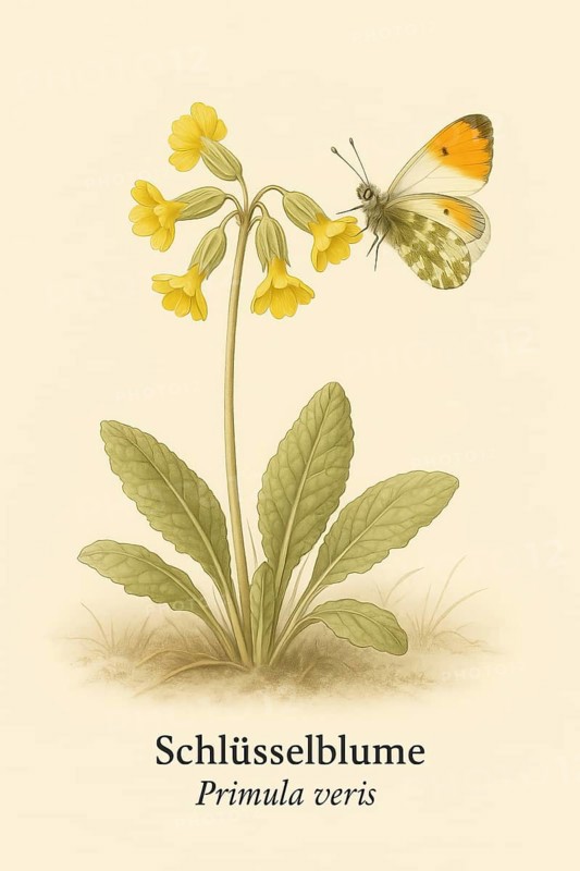 Botanical illustration of a male aurora butterfly (Anthocharis cardamines) on the native primrose (Primula veris) . Illustration in classic vintage style with typical botanical labelling of the species, AI generated