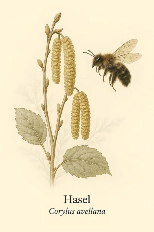 Botanical illustration of a spring fur bee (Anthophora plumipes) on the native hazel (Corylus avellana) . Illustration in classic vintage style with typical botanical labelling of the species, AI generated