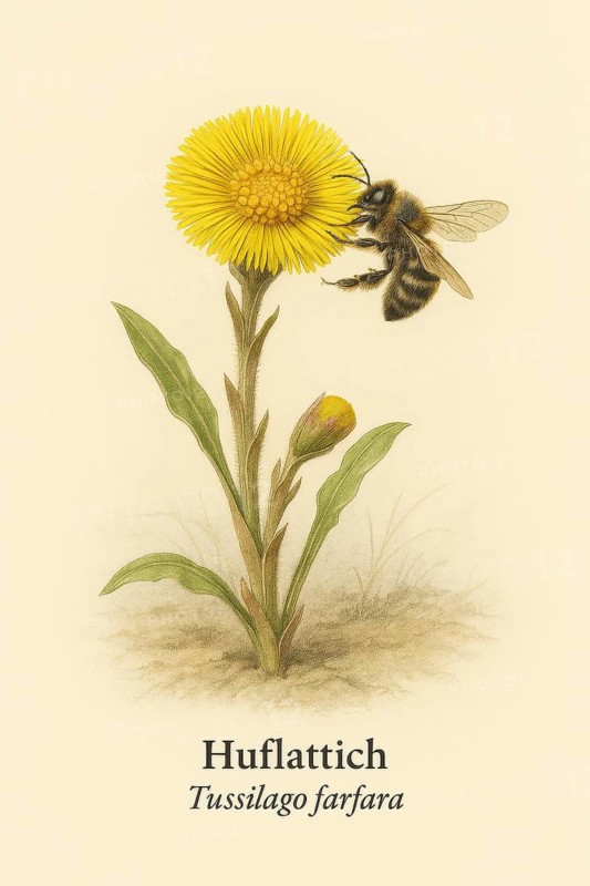 Botanical illustration of a sand bee (Andrena vaga) on the native coltsfoot flower (Tussilago farfara) . Illustration in classic vintage style with typical botanical labelling of the species, AI generated