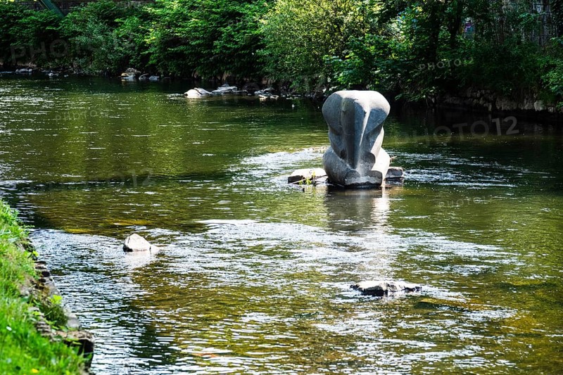 A suspension railway at the crash site of Tuffi the elephant. A sculpture of an elephant stands in the Wupper to commemorate the event, Wuppertal, Germany