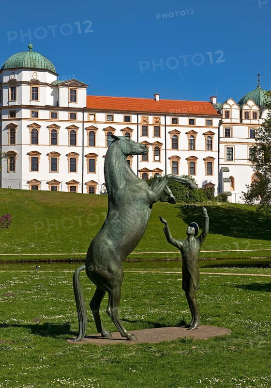 Artwork with the title Hengst Wohlklang in der Freiheitsdressur by Ulrich Conrad in the park of Celle Castle, Lower Saxony, Germany