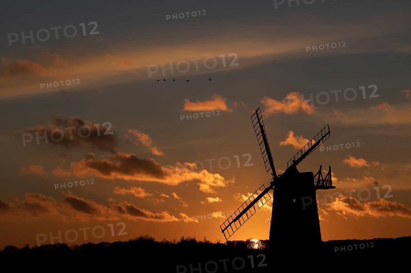 Windmill silhouette at sunset with a red sky and a skein or flock of Pink-footed geese (Anser brachyrhynchus) birds flying above, Burnham Ovary Staithe, Norfolk, England, United Kingdom