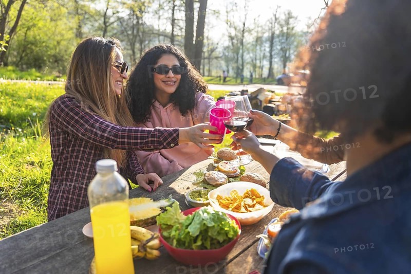 Happy women enjoying a sunny picnic in the park, toasting with drinks while savoring healthy food and sharing joyful moments together