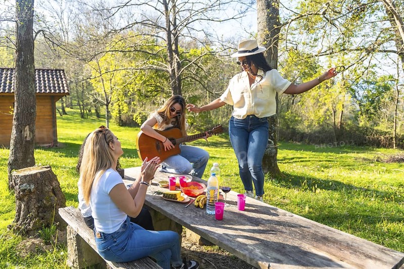 Happy friends are having a picnic in nature, playing guitar, dancing, and enjoying good company