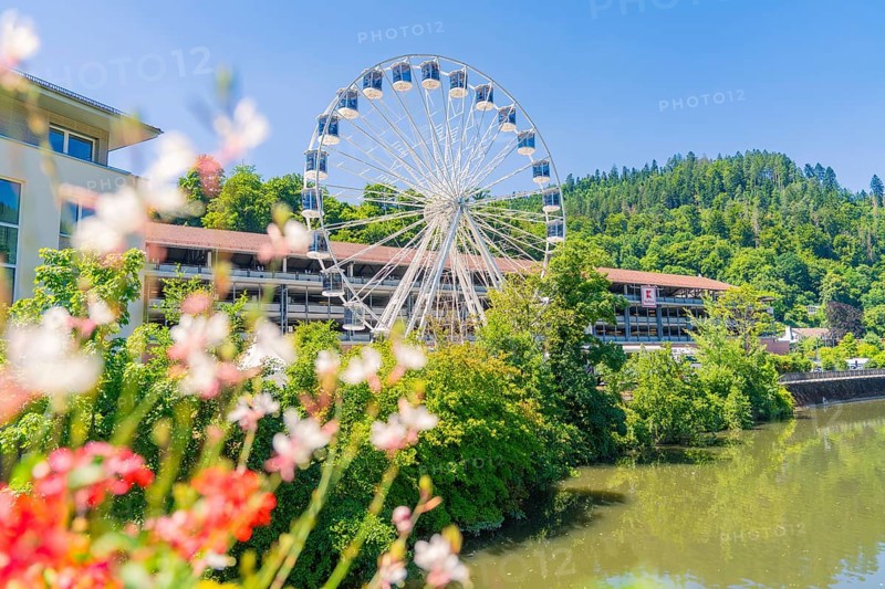 A Ferris wheel towers over a river and colourful flowers, surrounded by dense trees and a clear sky, 950 years Calw, Germany