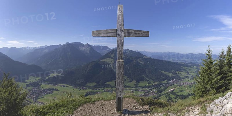 Panorama from Hirschberg, 1456m, into Ostrachtal with Bad Oberdorf, Bad Hindelang and Imberger Horn, 1656m, Oberallgäu, Allgäu, Swabia, Bavaria, Germany