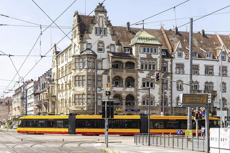 Tram of the Karlsruhe Transport Association KVV on the way in the city centre. Karlsruhe, Baden-Württemberg, Germany