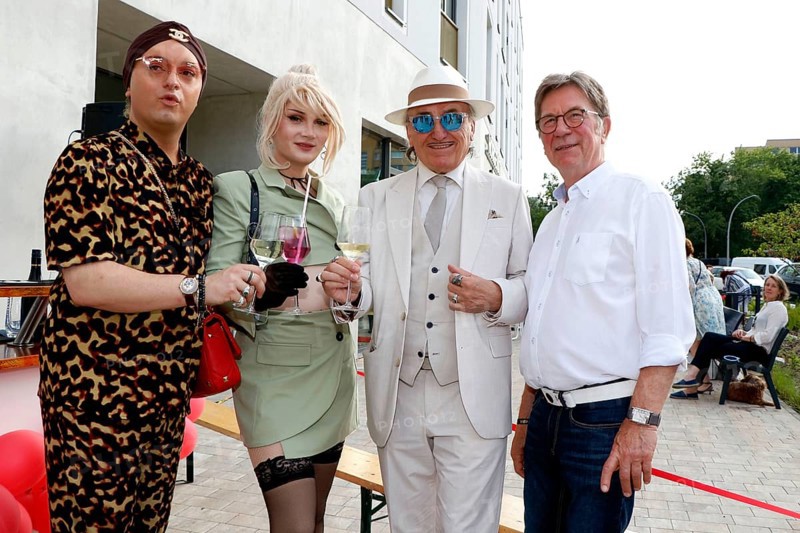 Julian F.M. Stöckel, Drag Queen Uff, Lo Graf von Blickensdorf and Arno Funke at the VIP opening of the new Deinhard Salon Am Mühlanger 3, Berlin, 28 June 2025