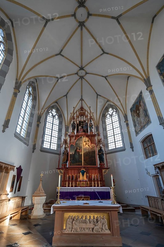 Chancel of the parish church of St John the Baptist, rebuilt after a fire in 1872 in neo-Gothic style, Lorettostrasse 31, Obersdorf Bavaria, Germany