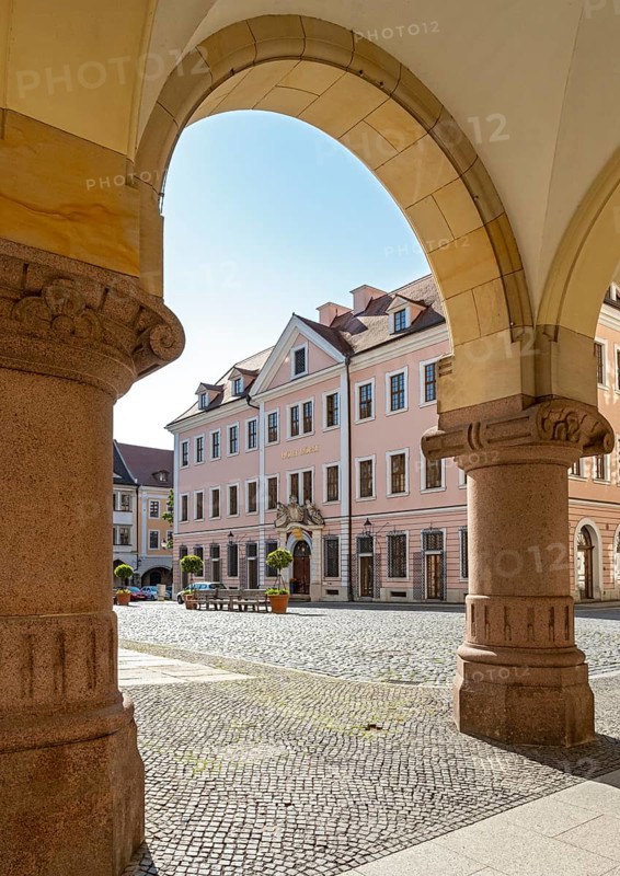 View of Hotel Börse through the arches of the New Town Hall of Görlitz, Lower Market Square - Untermarkt, Goerlitz, Germany