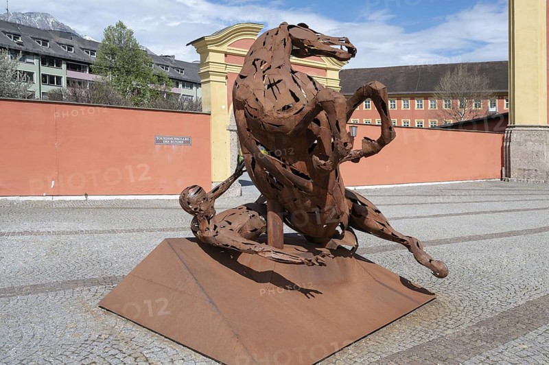 Horse sculpture by Christian Moschen, The New Robe, erected in front of Wilten Abbey in 2015, Insbruck, Austria