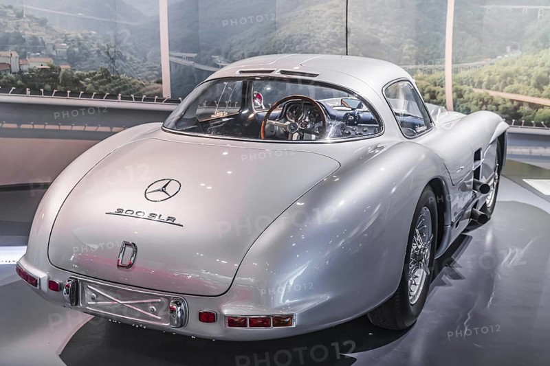 Mercedes-Benz 300 SLR Uhlenhaut Coupé from 1955. Two examples were built, one was auctioned. With proceeds of 135 million euros, it is the most valuable car in the world. The Mercedes-Benz Museum in Stuttgart presents a journey through the automotive history of the global corporation. The history of the Mercedes star begins with the first automobile in 1886. 160 vehicles are on display. Stuttgart, Baden-Württemberg, Germany