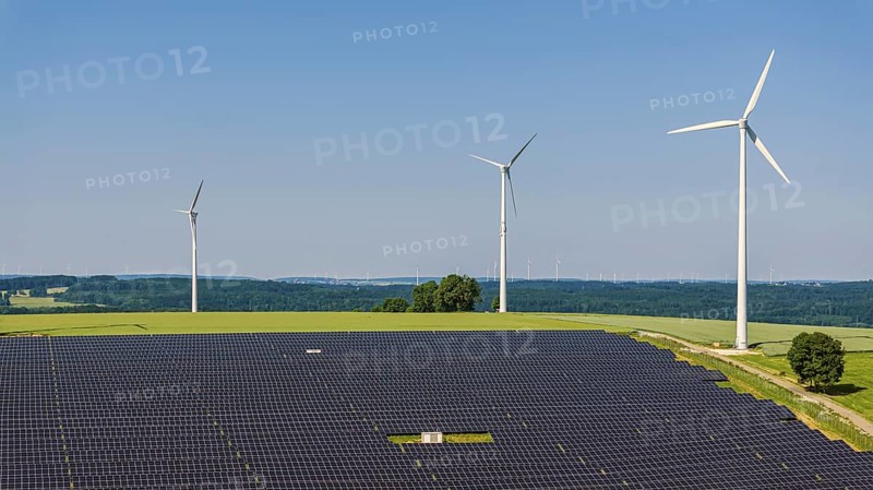 Landscape in the Swabian Alb near Amstetten. Wind farm and solar field. Amstetten, Baden-Württemberg, Germany