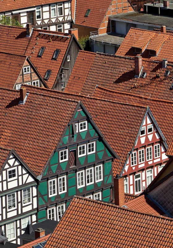 View from the town church tower over the roofs of the historic old town with its four hundred half-timbered houses, Celle, Lower Saxony, Germany