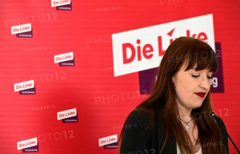 Heide Reichinnek and Sören Pellmann, leaders of the Left Party parliamentary group in the German Bundestag, at the weekly press statement in front of the parliamentary group meeting room in the Reichstag building