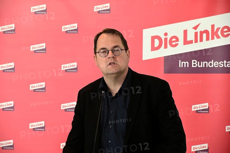 Sören Pellmann, Co-Chairman of the Left Party parliamentary group in the Bundestag, at the weekly press statement in front of the parliamentary group meeting room in the Reichstag building