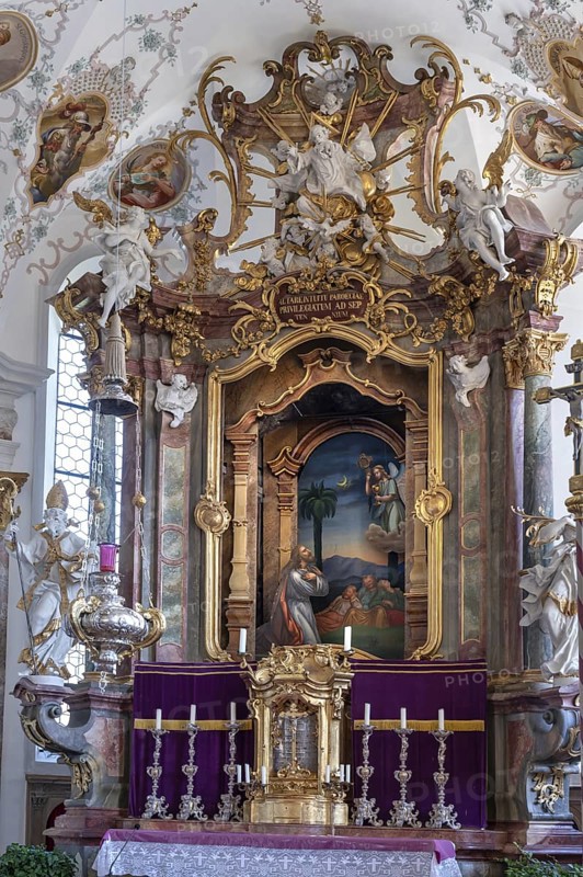 Backdrop altar in the baroque church of St Peter and Paul, Thalstr .31, Peterstahl, Oy Mittelberg, Oberallgaü, Bavaria, Germany