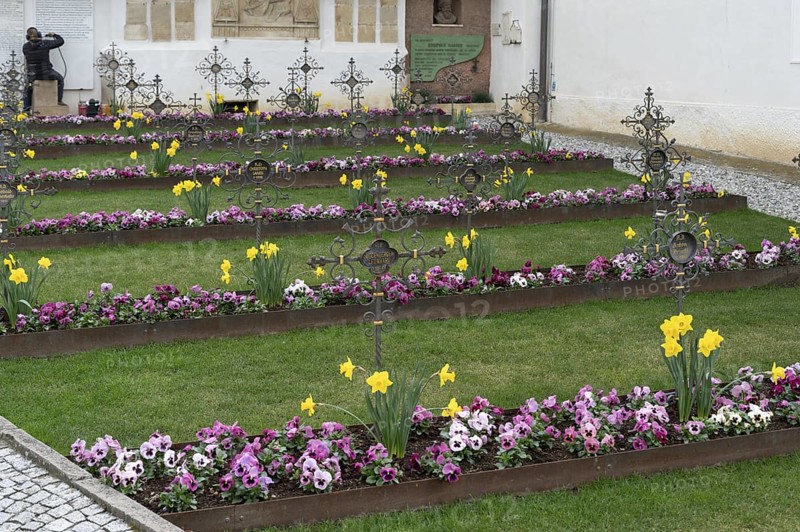 Colourfully planted row graves in the cemetery of the Neustift St Margarethen monastery, Vahrn, district of Bozen, South Tyrol, Italy