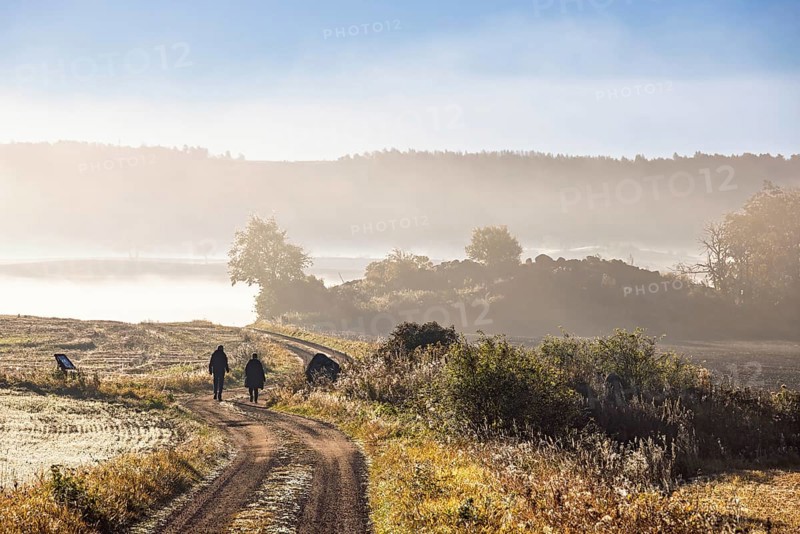 Couple walking on a winding gravel road in a rolling countryside with low morning mist on the fields a beautiful sunny autumn morning