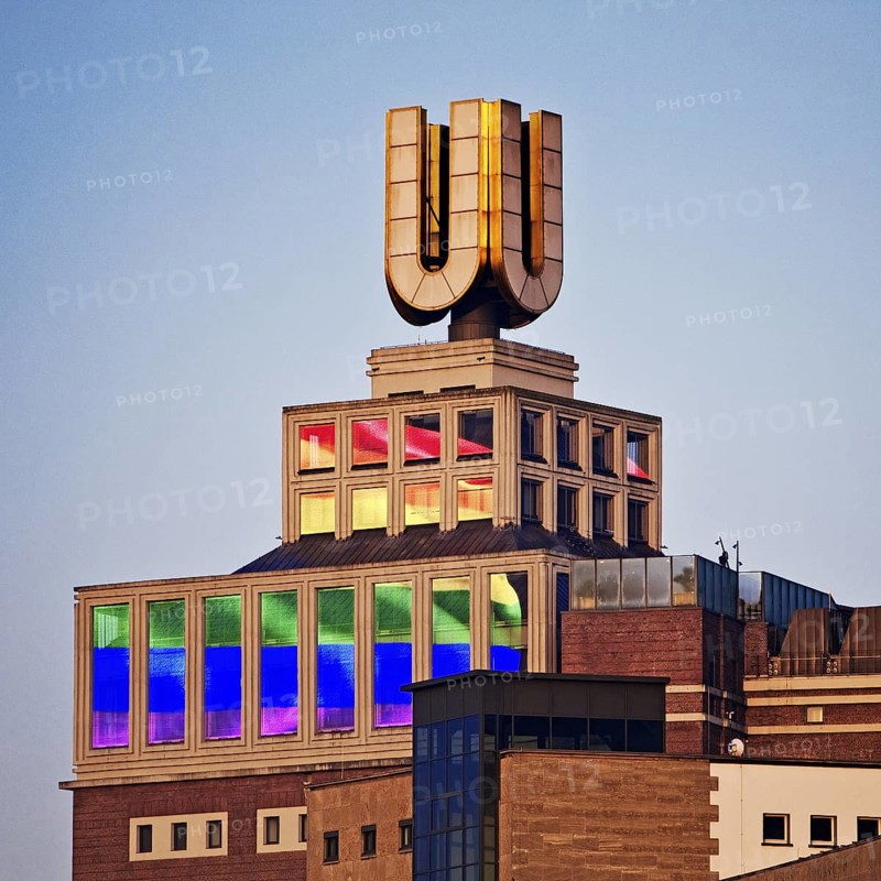 Dortmunder U, Flying pictures by Adolf Winkelmann at sunrise, Dortmund, Germany
