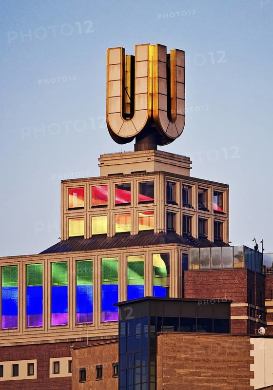 Dortmunder U, Flying pictures by Adolf Winkelmann at sunrise, Dortmund, Germany