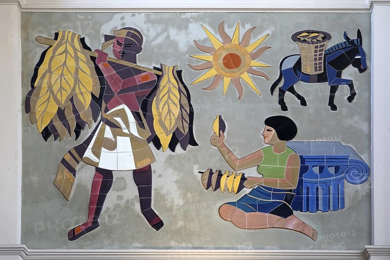 Wall mosaic, 1950s in the reception hall, detail of the advertising space for Martin Brinkmann AG, Bremen Central Station, Germany