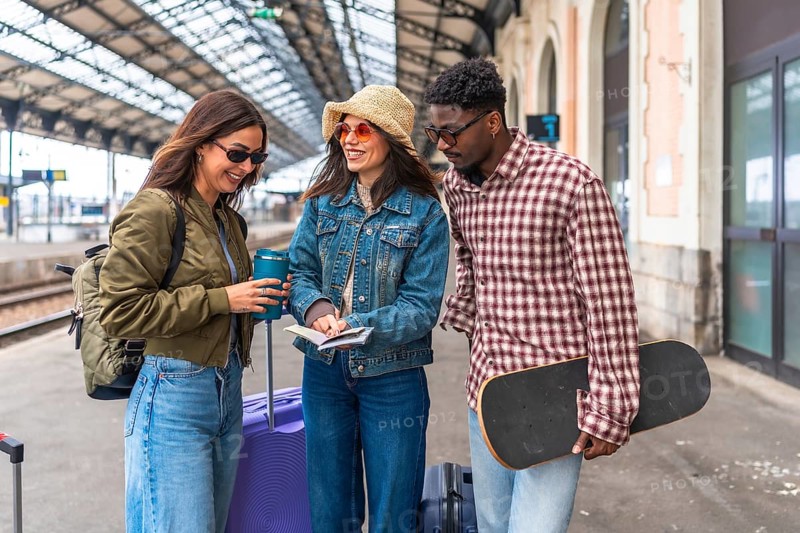 Happy tourists checking their train tickets and passports at the station, ready for their next adventure