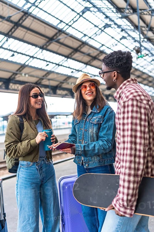 Happy diverse group of young tourists checking passports and smiling while waiting for their train inside a station