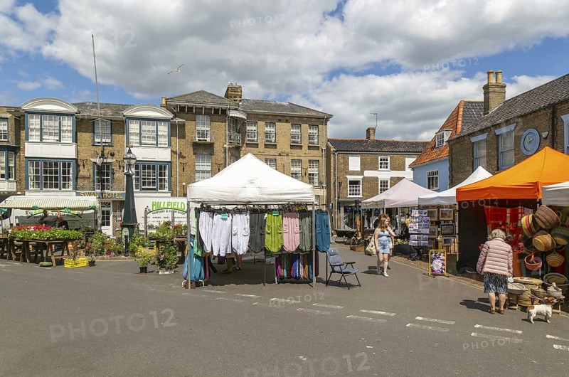 Market stalls in Market Place, town centre of Southwold, Suffolk, England, UK
