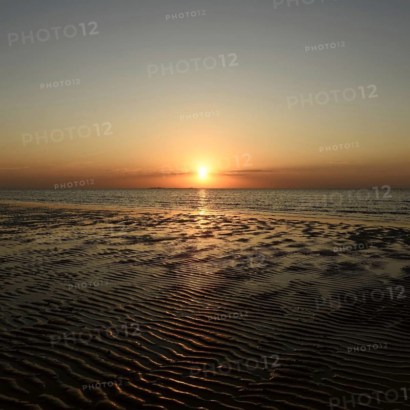 Sunset over the Wadden Sea on the German North Sea coast, low sun over Neuwerk, typical ripple mudflats at low tide, Lower Saxony Wadden Sea National Park, Lower Saxony, Germany, atmospheric picture, native nature, landscape, North Sea near Cuxhaven, Duhnen, Western Europe