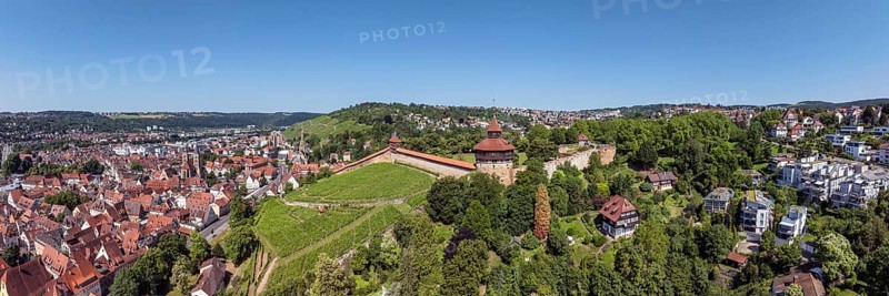 Aerial view, panorama of the city of Esslingen am Neckar with Esslingen Castle, Dicker Turm, Seilergang and vineyard, district of Esslingen, Baden-Württemberg, Germany