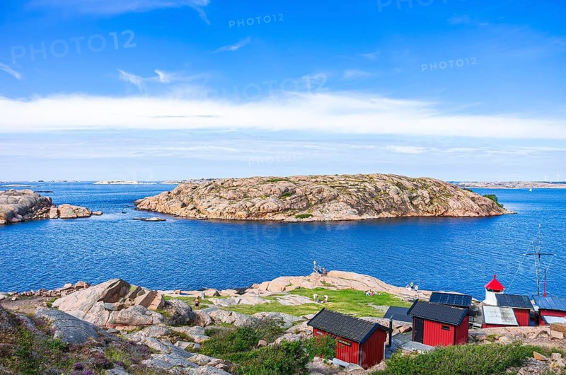 Rinkenäs seaside resort and view of the archipelago, coast of Lysekil, Bohuslän, Västra Götalands län, Sweden, Scandinavia, for editorial use only