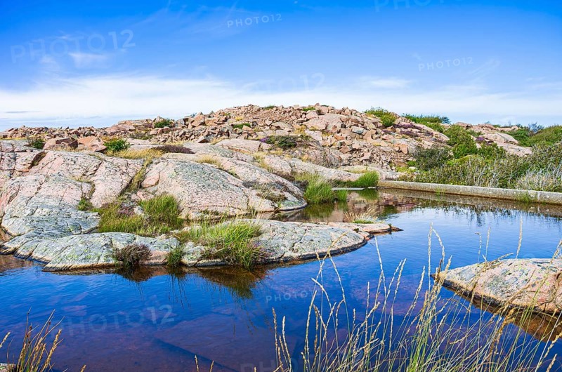 Rocky landscape of Bohusgranite on the coast of Lysekil, Bohuslän, Västra Götalands län, Sweden, Scandinavia