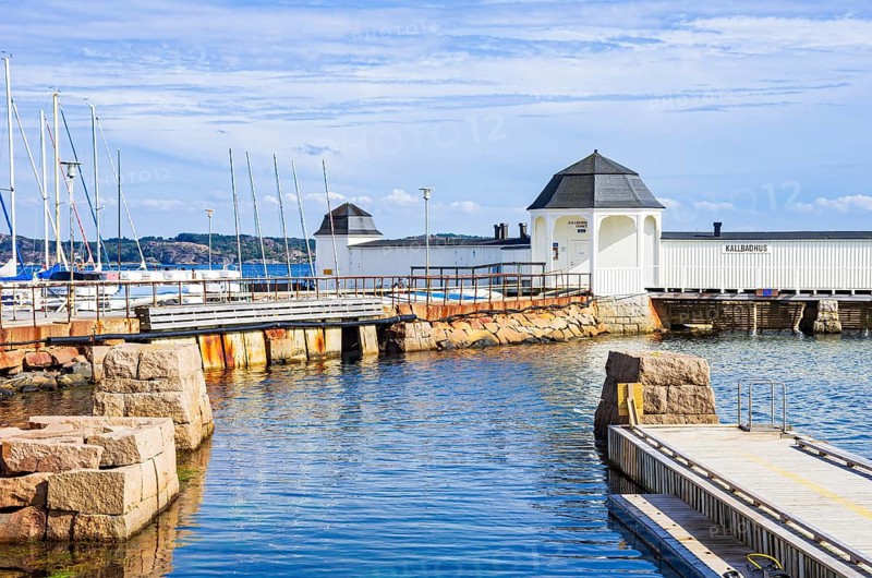 Picturesque view of the Kallbadhus, the cold bathhouse of Lysekil, Bohuslän, Västra Götalands län, Sweden, Scandinavia