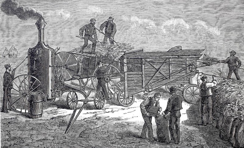 Agriculture, harvest, threshing machine in operation, driven by a locomobile, Aultmann system from Chicago, around 1860, digitally improved reproduction of a 19th century model, historical, exact date unknown