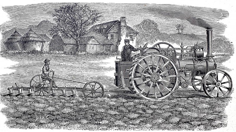 Agriculture, tillage, gang steam plough apparatus by John Fowler, around 1860, digitally improved reproduction of a 19th century model, historical, exact date unknown