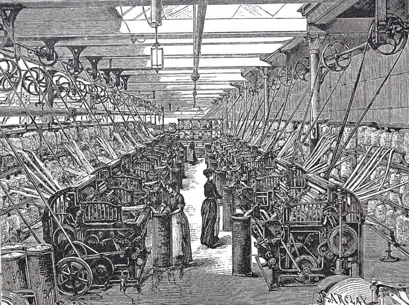 Textile processing, spinning mill, view into a wool combing mill, around 1860, digitally enhanced reproduction of a 19th century model, historical, exact date unknown