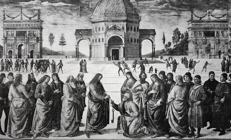 The Handing over of the Keys to St Peter, 1482, Pietro Perugino, Sistine Chapel, Vatican, digitally enhanced reproduction of a 19th century model, historical, exact date unknown