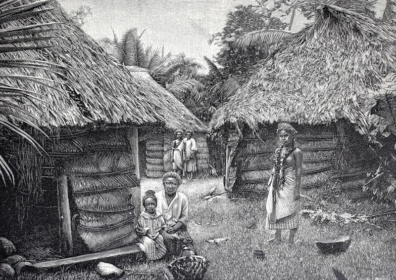 Village view on Samoa, around 1880, digitally improved reproduction of a 19th century model, historical, exact date unknown