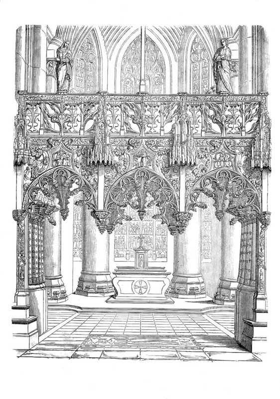 A rood screen, also known as a doxale, is a stone or wooden, man-high to almost room-high barrier that separated the space for the priests or monks from the rest of the church, which was intended for the laity, especially in cathedrals, monasteries and collegiate churches, Church of Sainte-Madeleine in Troyes, around 1850, Grand Est, France, Historical, digitally enhanced reproduction of a model from around 1860
