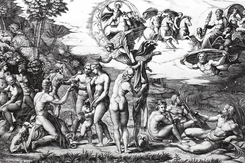 The Judgement of Paris, a famous episode from Greek mythology. The young prince Paris must pass judgement on which of three goddesses is the most beautiful: Hera, Athena or Aphrodite, Marcantonio Raimondi, engraving after a lost drawing by Raphael, 1516, digitally enhanced reproduction of a 19th century model, historical, exact date unknown