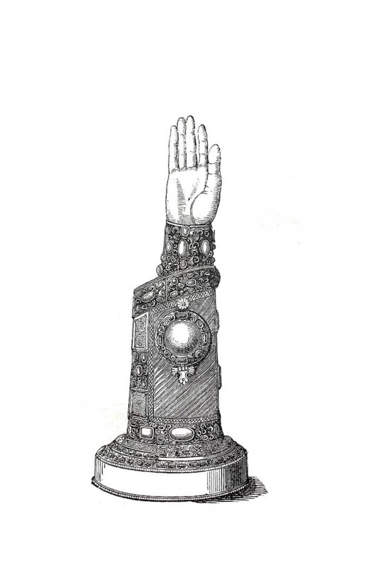 Religious cult objects, reliquary arm, arm reliquary, brachium, vessel or setting for relics and is considered a subform of the body part reliquaries, historical, digitally improved reproduction from an original from around 1860