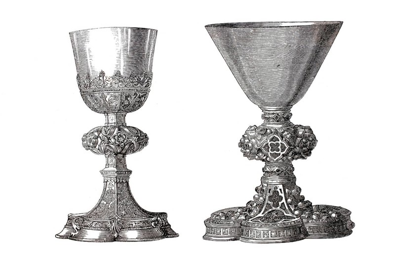 Religious cult objects, Two richly decorated chalices with enamels and filigree ornaments, probably from 1337, from Neuburg Abbey, Bavaria, Germany, Historical, digitally enhanced reproduction from an original from around 1860
